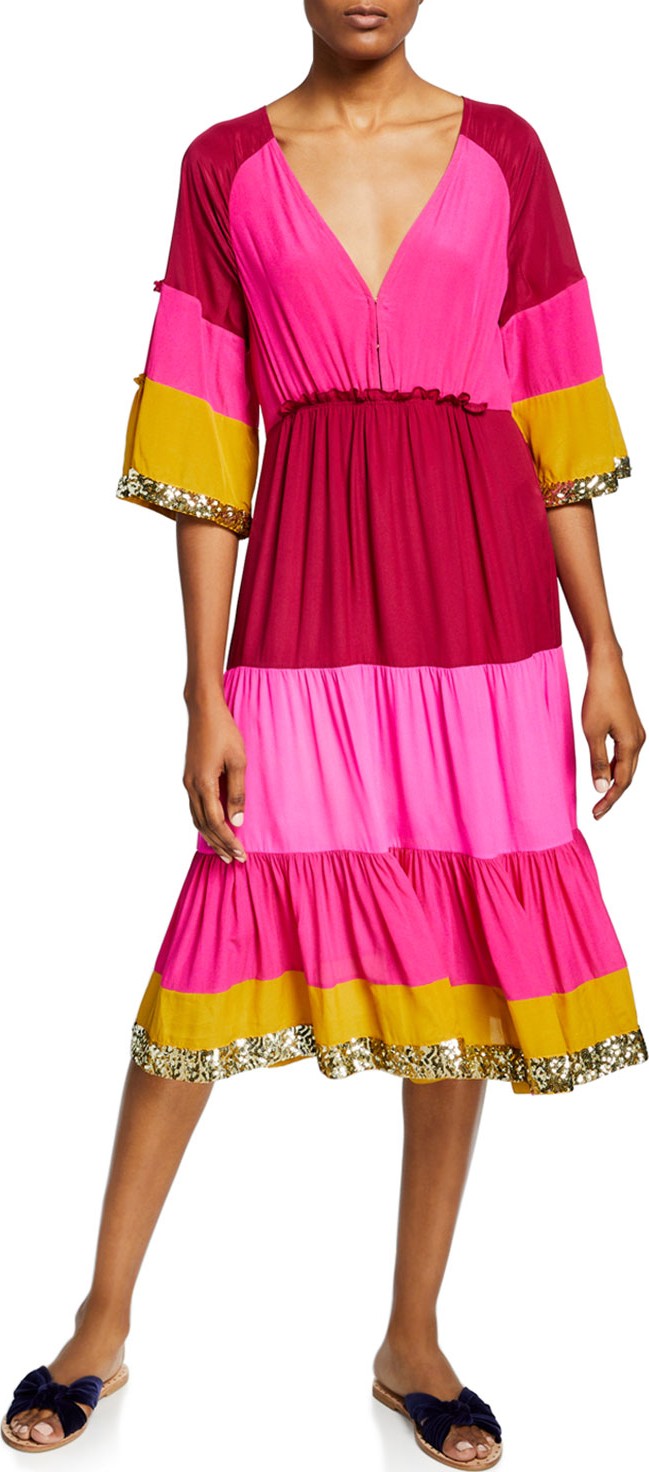 FIGUE Fiona Colorblocked Shimmer-Trim Dress