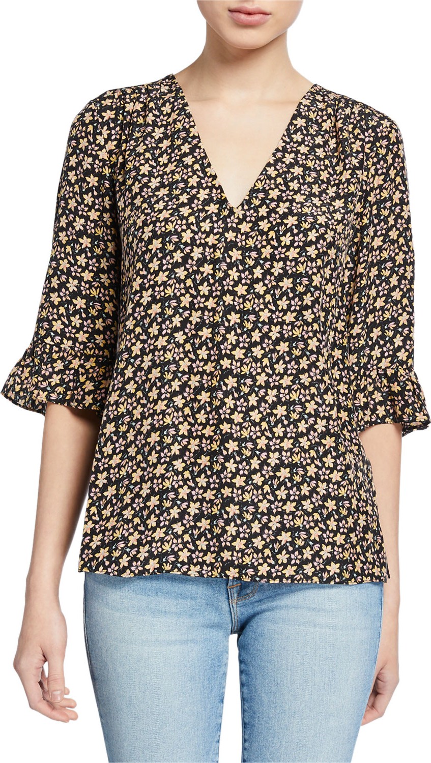 Rebecca Taylor Louisa Floral-Print 3/4-Sleeve Top