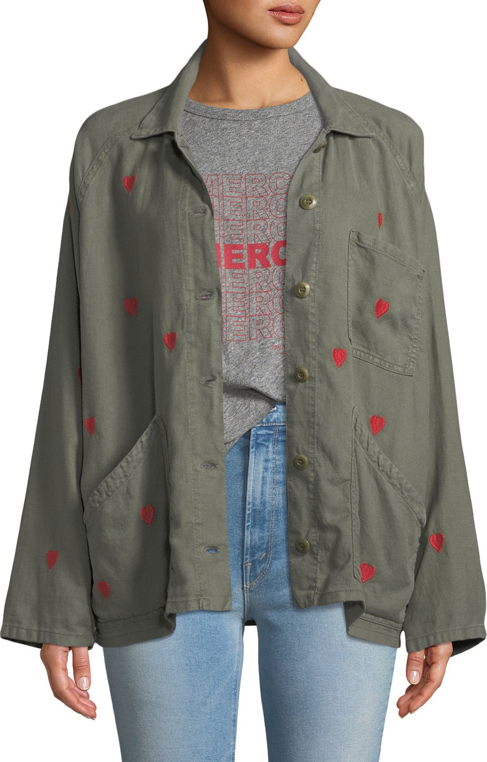 THE GREAT. The Field Embroidered Heart Utility Jacket