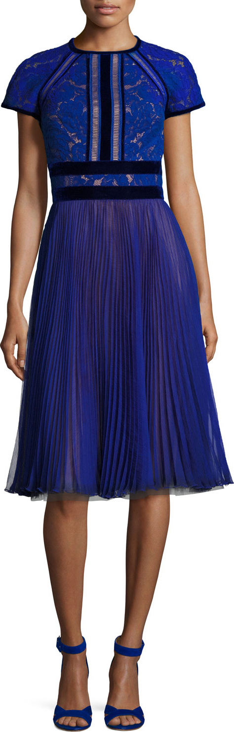 Tadashi Shoji Cap-Sleeve Lace Cocktail Dress w/ Pleated Chiffon