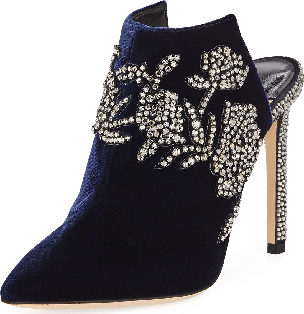 Jimmy Choo Caroline High-Heel Velvet Mules with Crystal Peonies