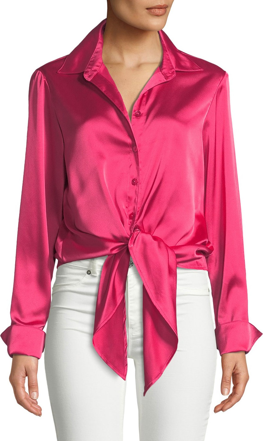 Finley Lindy Button-Front Long-Sleeve Satin Blouse w/ Tie-Front