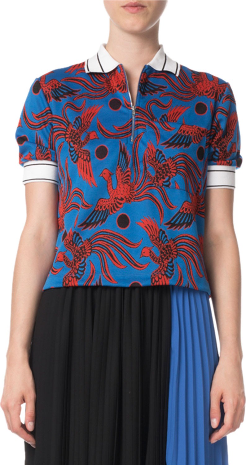 KENZO Phoenix-Print Quarter-Zip Cropped Polo Shirt