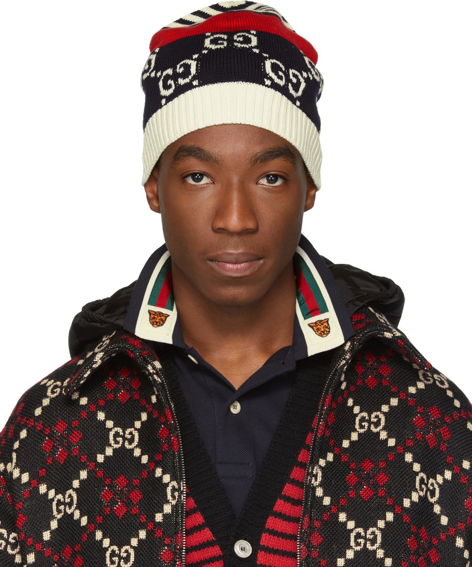 Gucci Navy & Red Knit GG Beanie