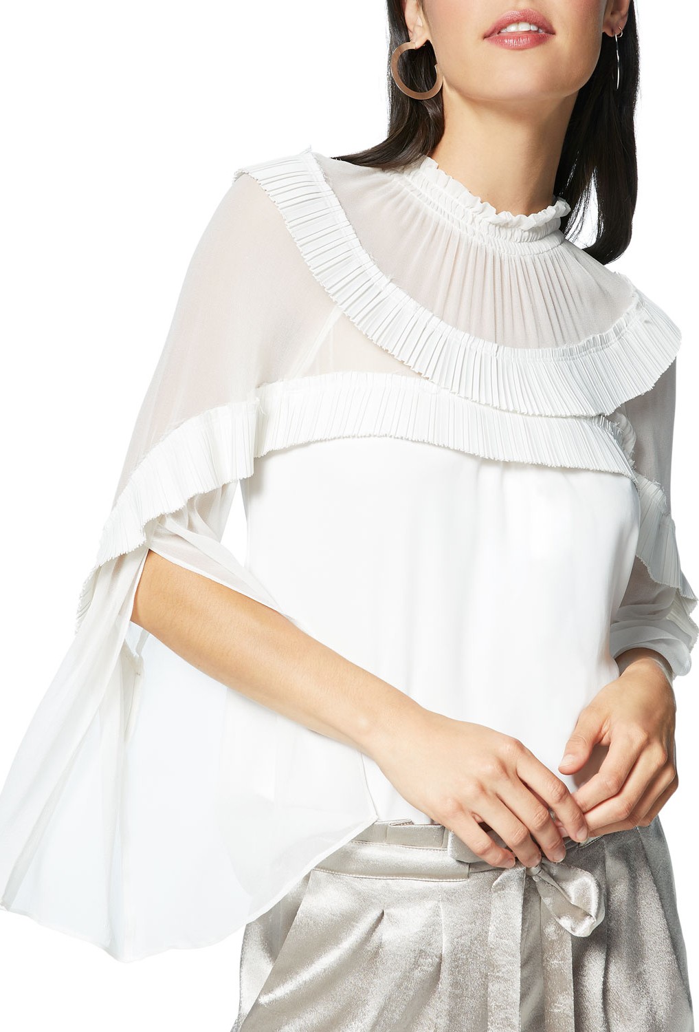 Ramy Brook Blake High-Neck Pleated Split-Sleeve Top