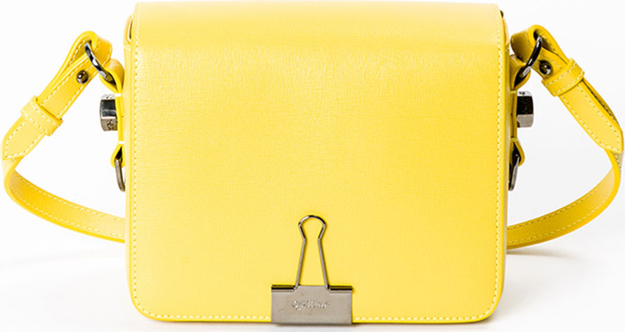 Off White Leather Flap Crossbody Bag with Binder-Clip Detail