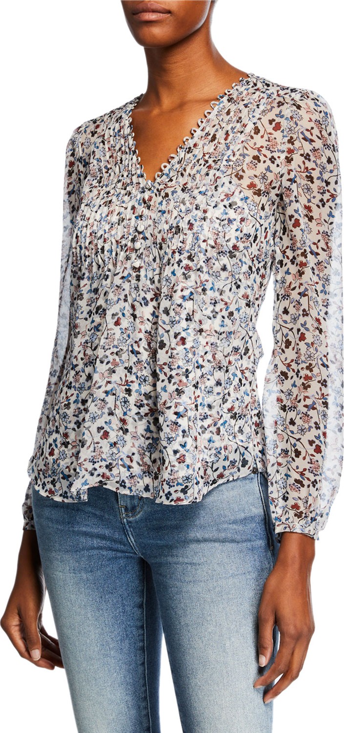 Veronica Beard Lowell V-Neck Long-Sleeve Floral-Print Blouse