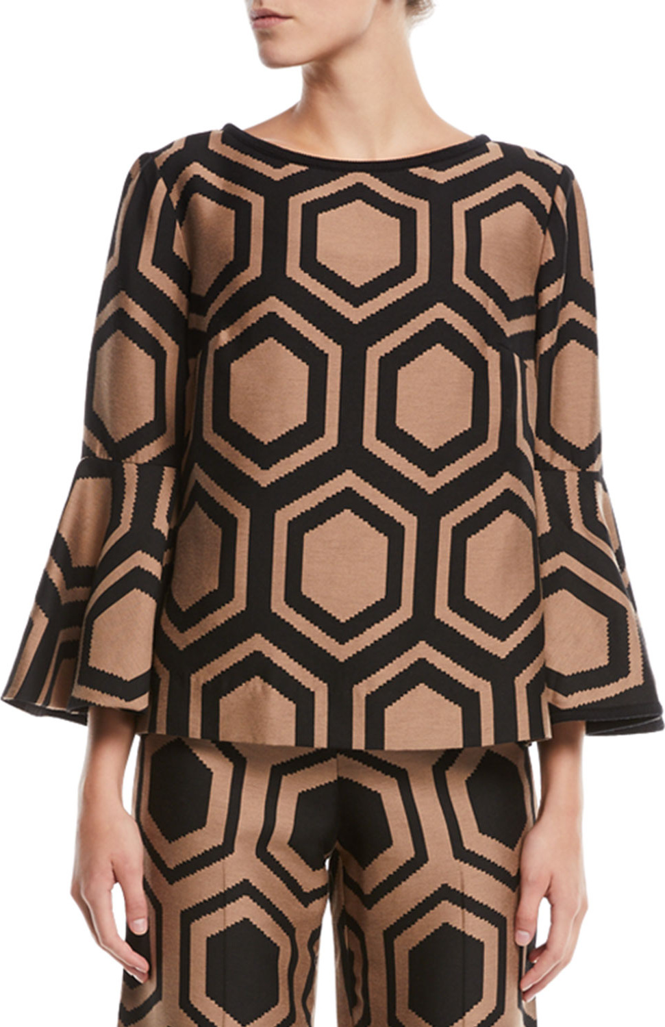 Trina Turk Geometric Top w/ Trumpet Sleeves
