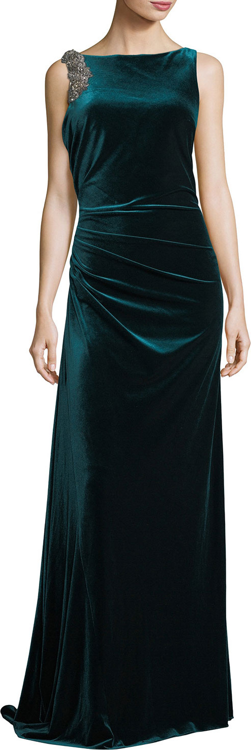 Rickie Freeman for Teri Jon Velvet Sleeveless Low-Back Evening Gown w/ Embellishments