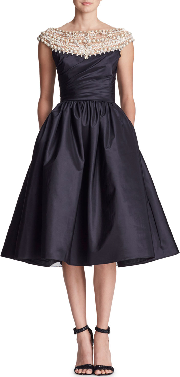 Marchesa Pearl-Beaded Yoke Cap-Sleeve Fit-and-Flare Taffeta Cocktail Dress