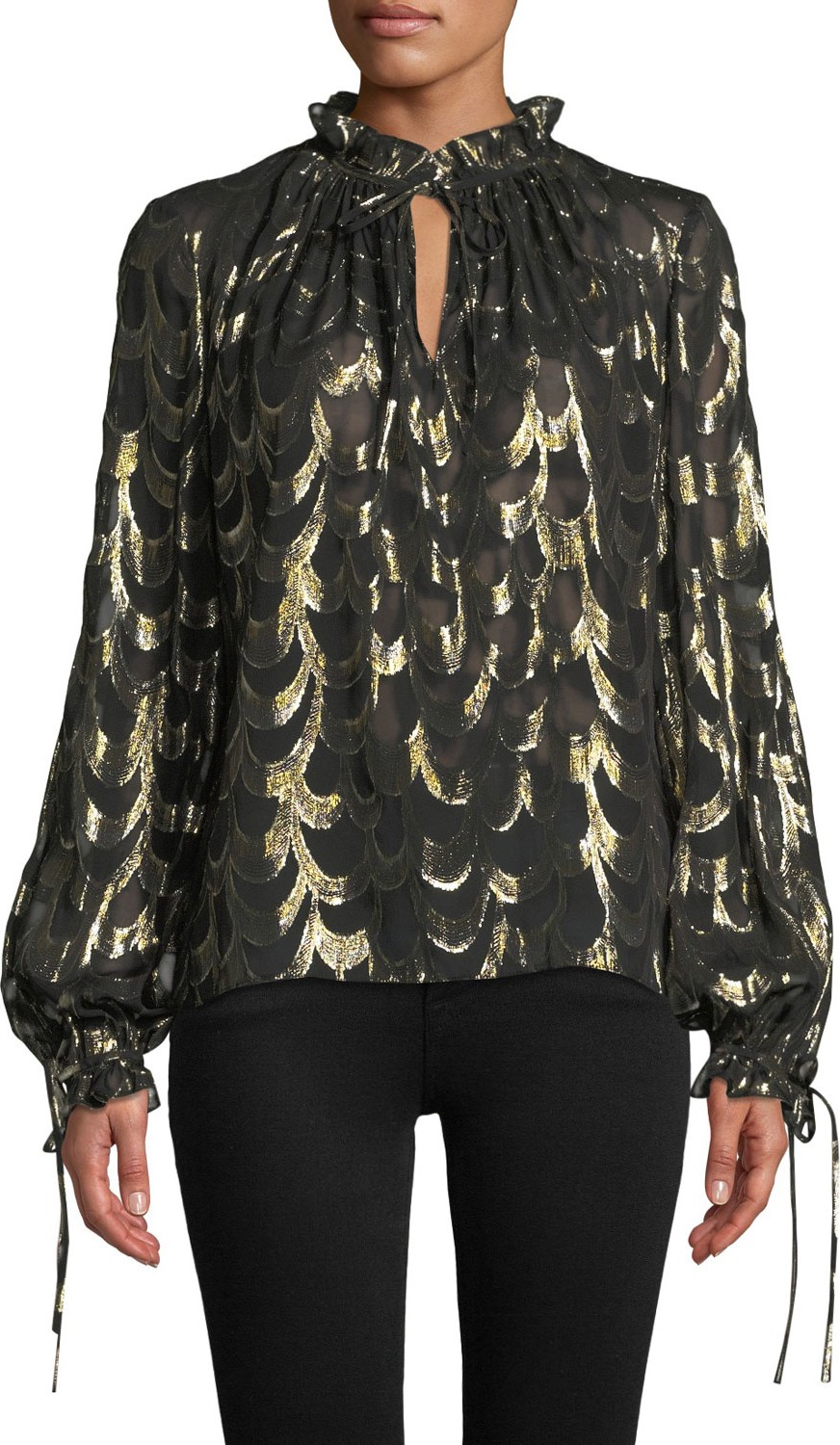 MILLY Jenny Long-Sleeve Metallic Silk Chiffon Top