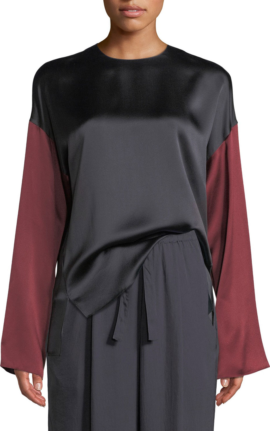 Vince Colorblock Silk Long-Sleeve Blouse