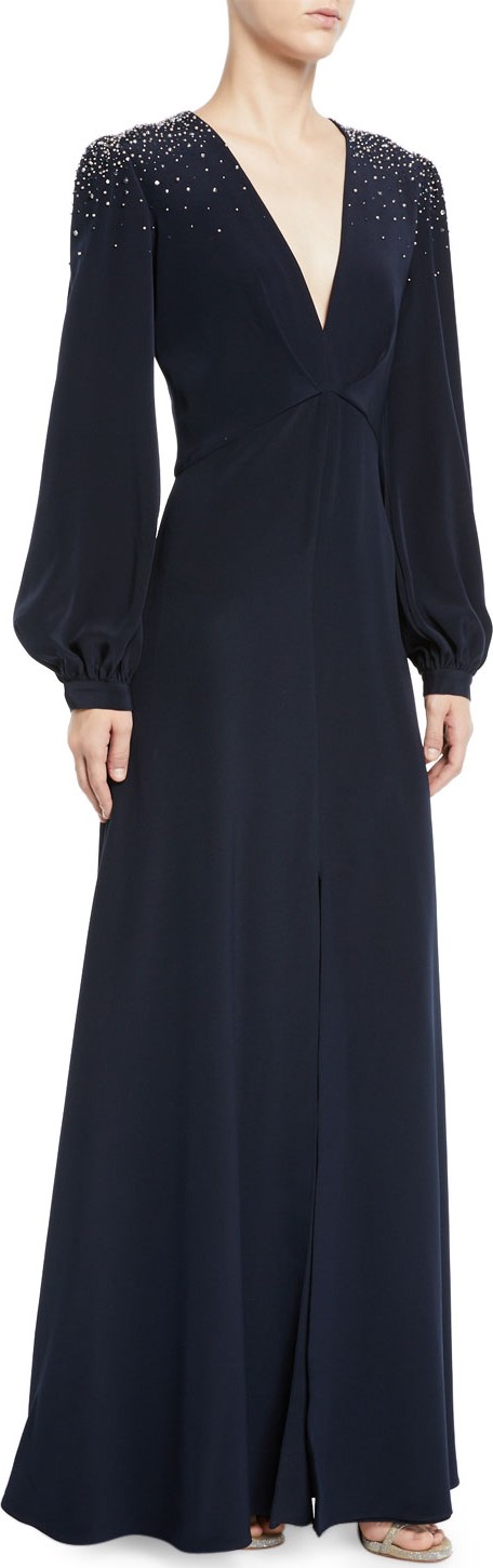 Ahluwalia Vivietta Embellished-Shoulder Long-Sleeve Gown
