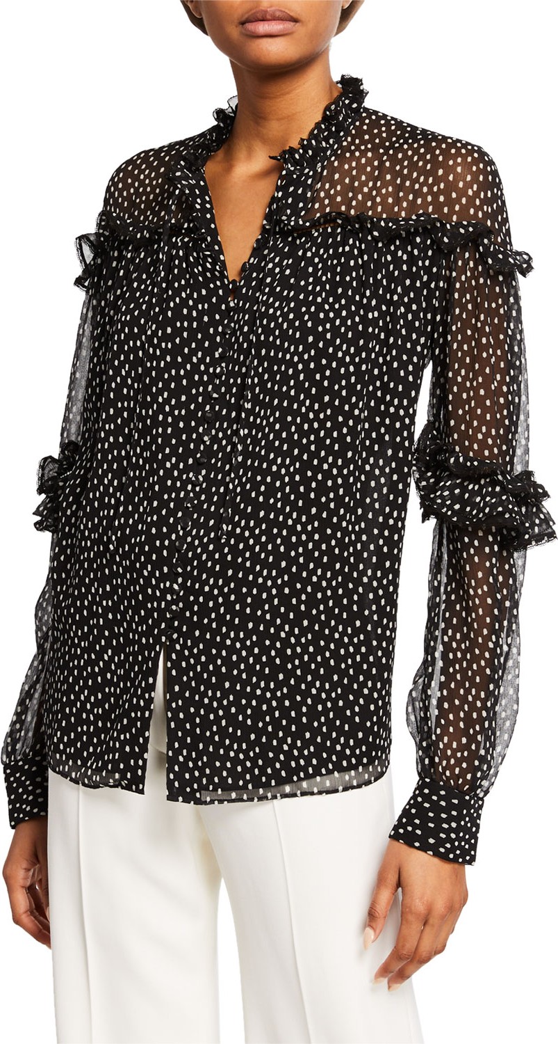 Jonathan Simkhai Speckle-Print Long-Sleeve Silk Ruffle Top