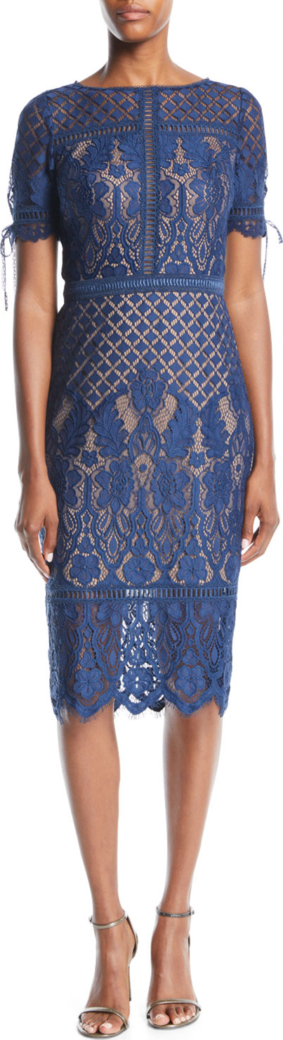 Tadashi Shoji Short-Sleeve Lace Dress w/ Tie Details