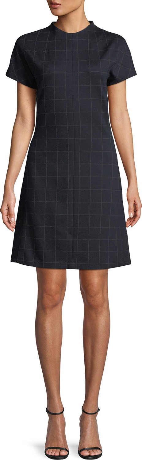 Theory Crewneck Short-Sleeve Windowpane Check Knit Dolman Shift Dress