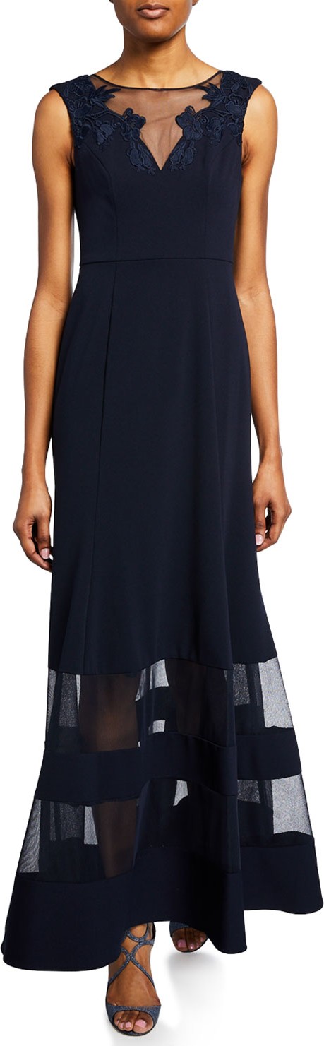 Aidan Mattox Bateau-Neck Sleeveless A-Line Illusion Gown w/ Mesh Insets