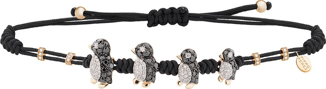 Pippo Perez Pull-Cord Bracelet with Black & White Diamond Penguins in 18K Gold