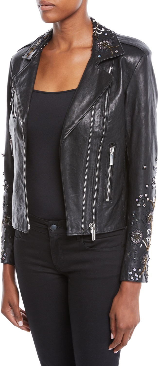 Nour Hammour Oceane Zip-Front Lambskin Leather Jacket w/ Sequin Embroidery