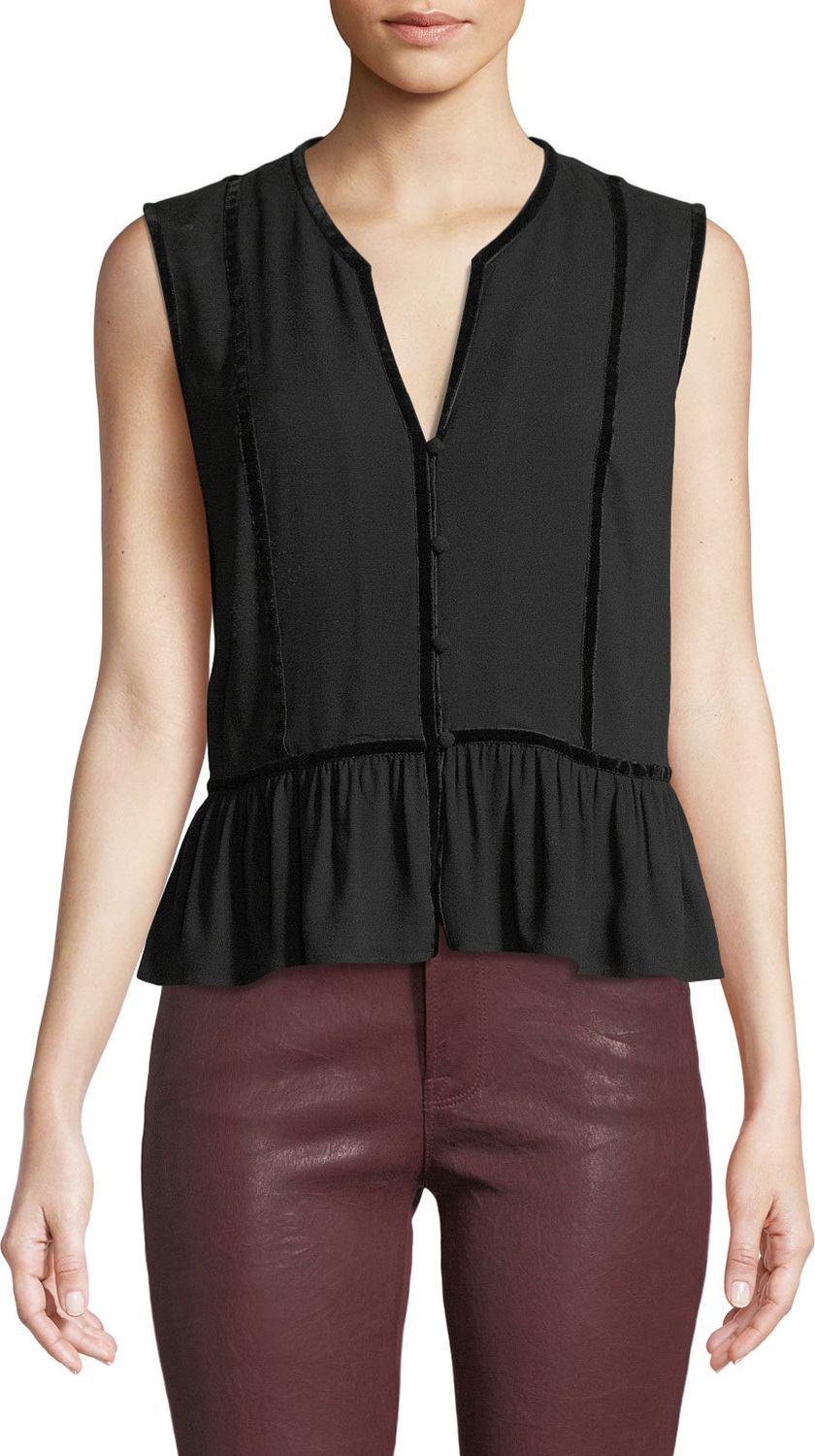 FRAME DENIM V-Neck Sleeveless Peplum Top w/ Velvet Trim