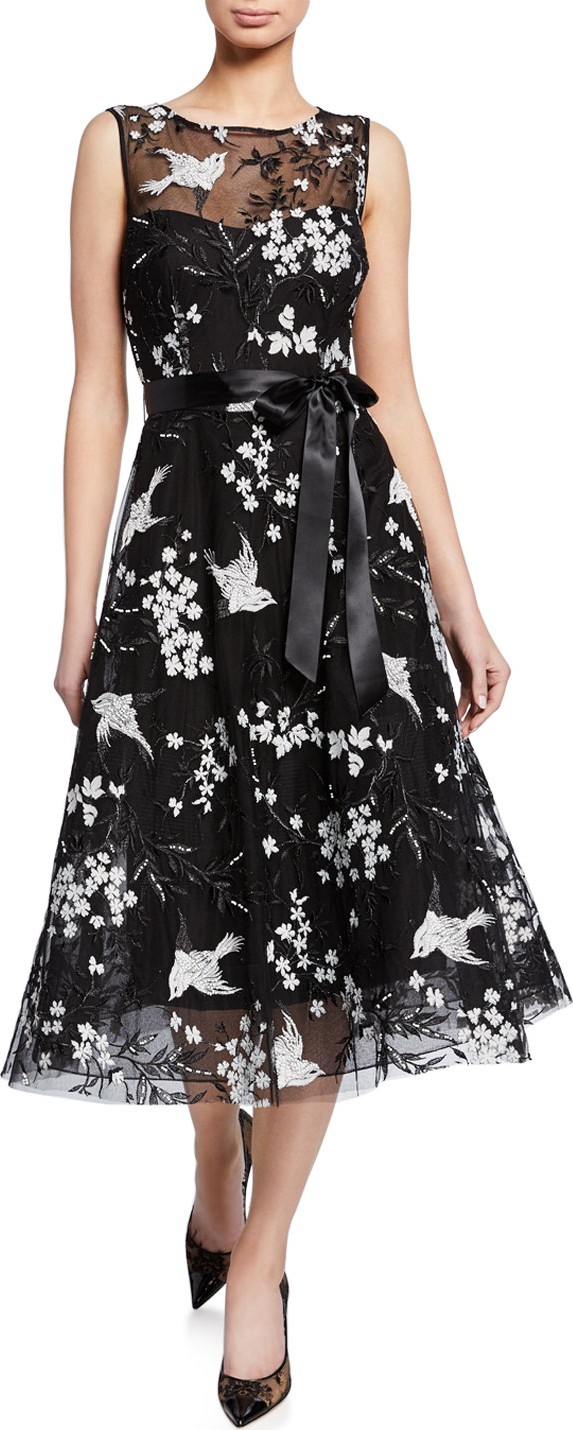 Rickie Freeman for Teri Jon Bird Embroidered Sleeveless Midi Tulle Cocktail Dress