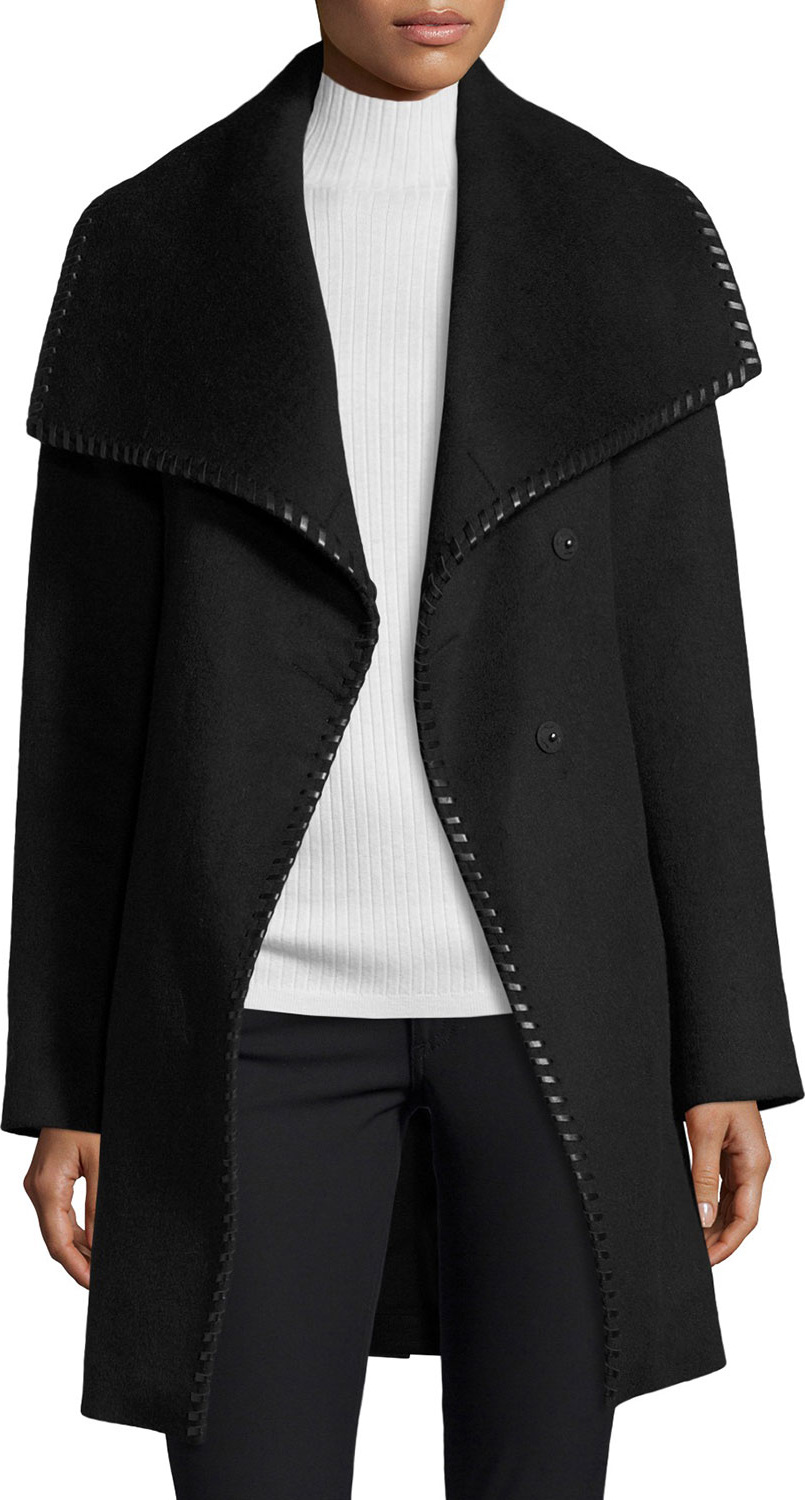 Elie Tahari Wool-Blend Wrap Coat w/ Whipstitched Leather Trim, Black