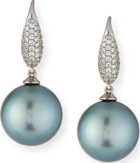 Belpearl Pave Diamond & Tahitian Pearl Drop Earrings in 18K White Gold