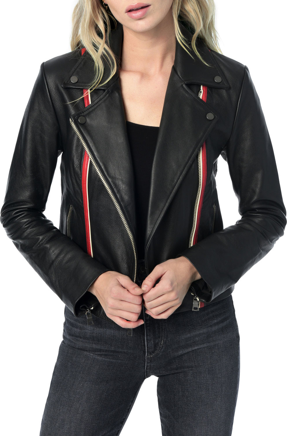 Joe's Jeans Revi Zip-Front Leather Jacket w/ Stripes