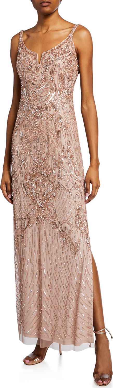 Aidan Mattox Beaded V-Notch Sleeveless Column Gown