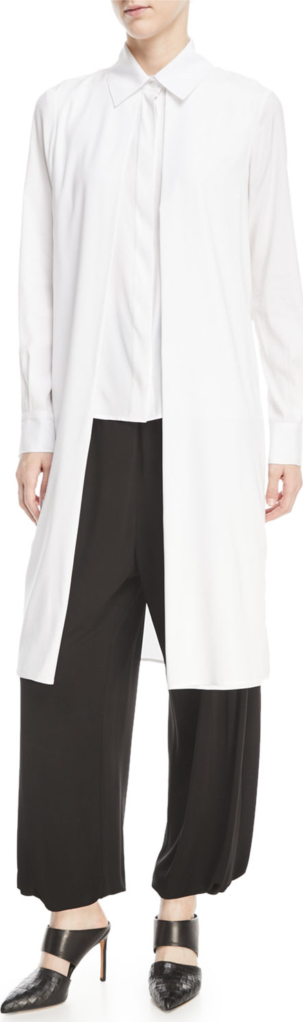 Rosetta Getty Long-Sleeve Split-Front Stretch-Silk Satin Shirt