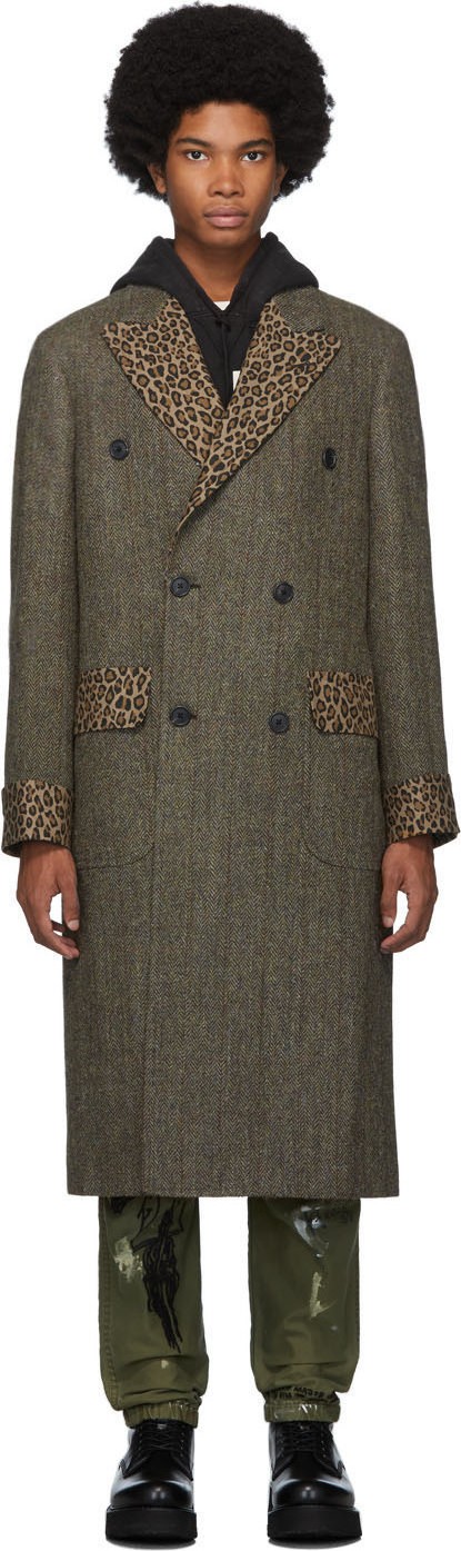 R13 Green Herringbone Double-Breasted Coat