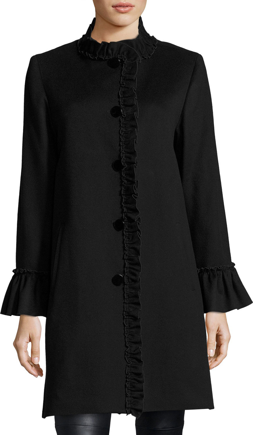 Sofia Cashmere Button-Front Ruffled-Neck Wool Coat Sofia Cashmere Button-Front Ruffled-Neck Wool Coat