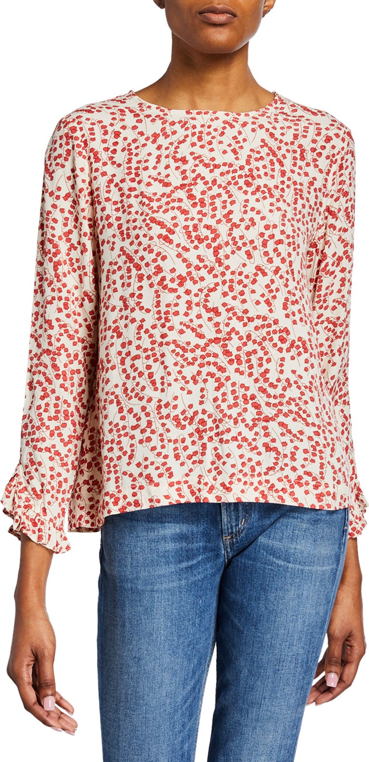 Ganni Tiny Floral-Print Crewneck Bracelet-Sleeve Blouse