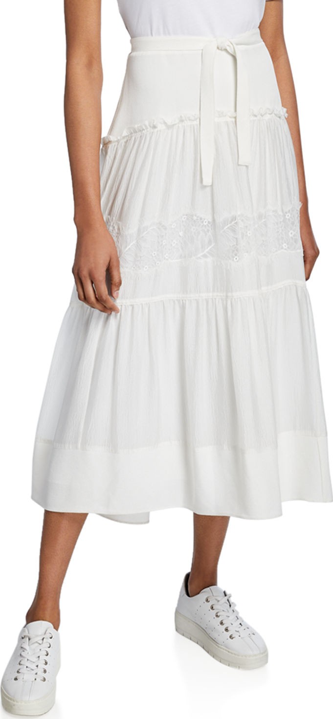 3.1 Phillip Lim Short-Sleeve T-Shirt Dress w/ Belted Lace-Inset Skirt