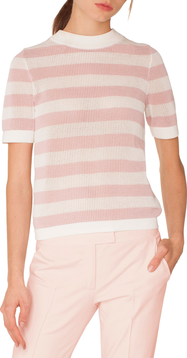 Akris Punto Crewneck Short-Sleeve Striped Knit Pullover Top