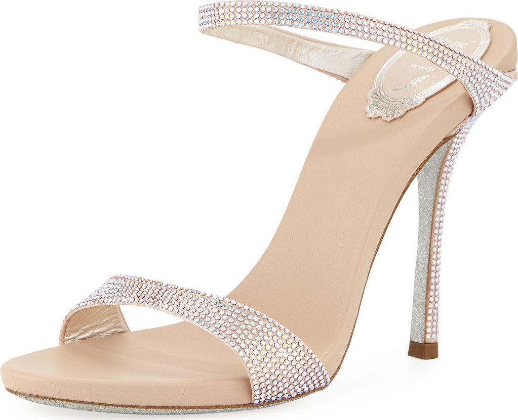 Rene Caovilla Embellished Satin Two-Band Slide Sandal