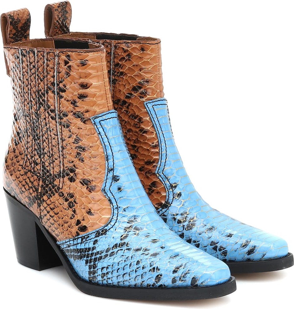 Ganni Snake-effect leather ankle boots