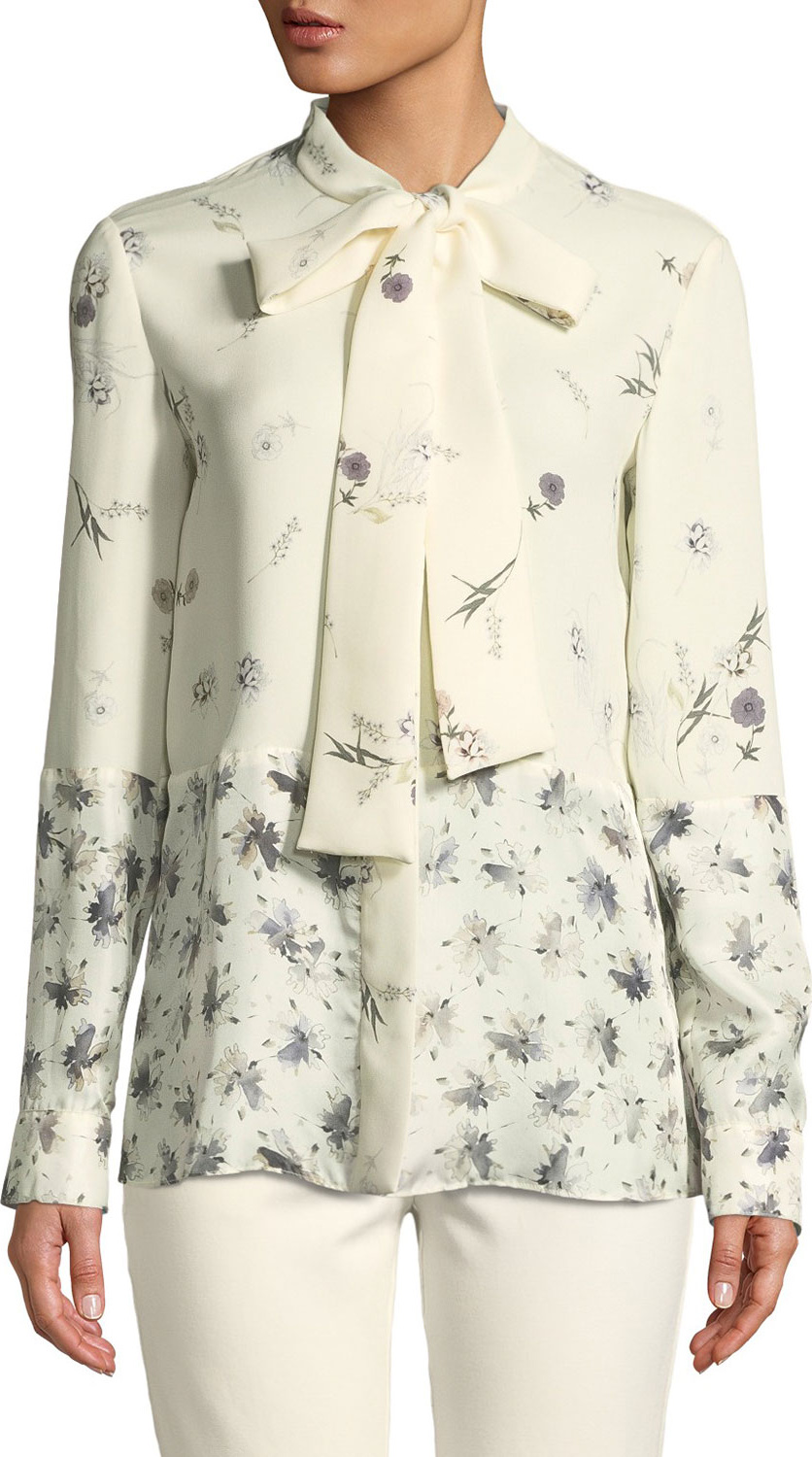 Derek Lam Mixed Floral Tie-Neck Silk Blouse