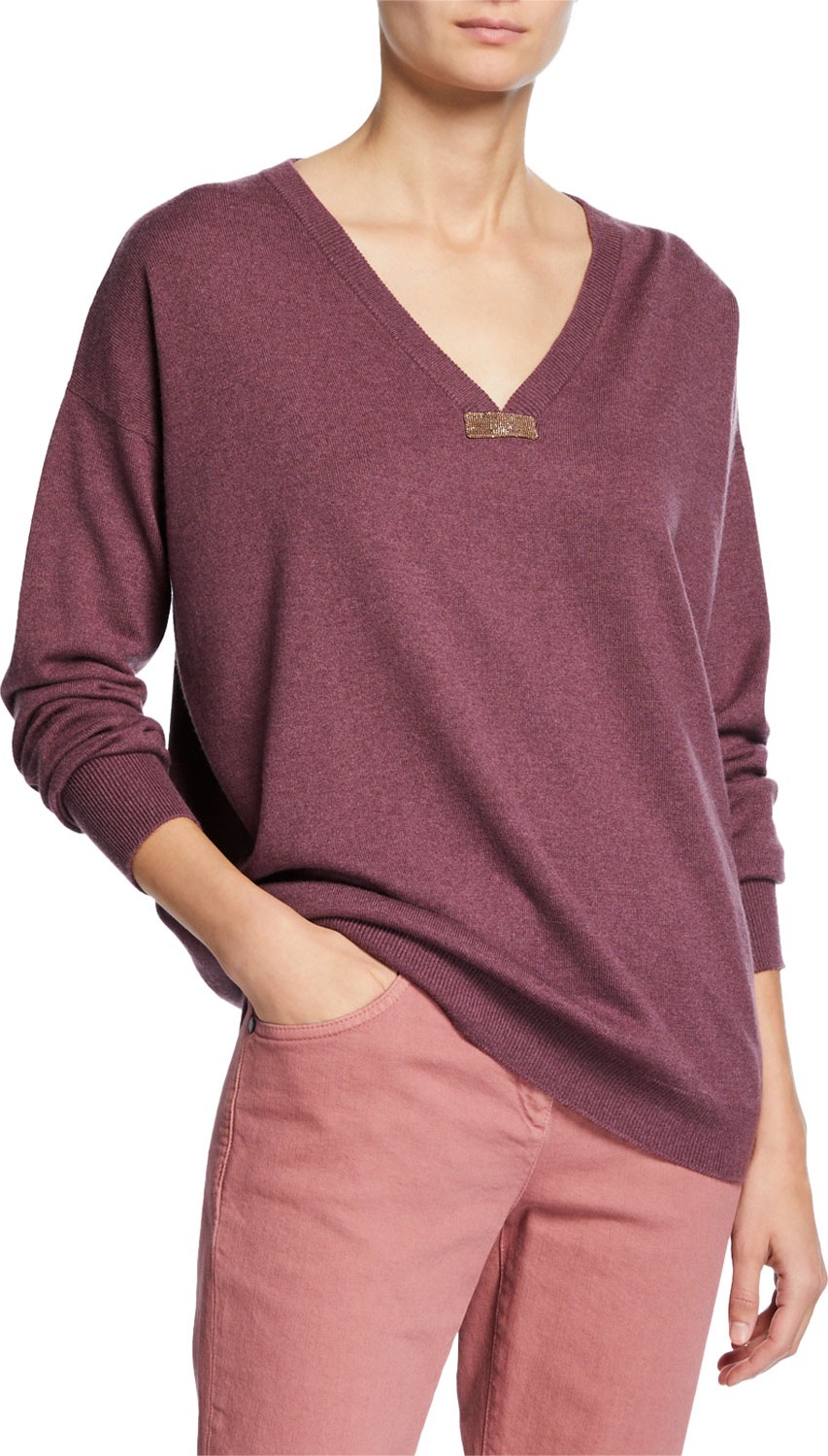 Brunello Cucinelli Cashmere Monili-Tabbed Boyfriend Sweater