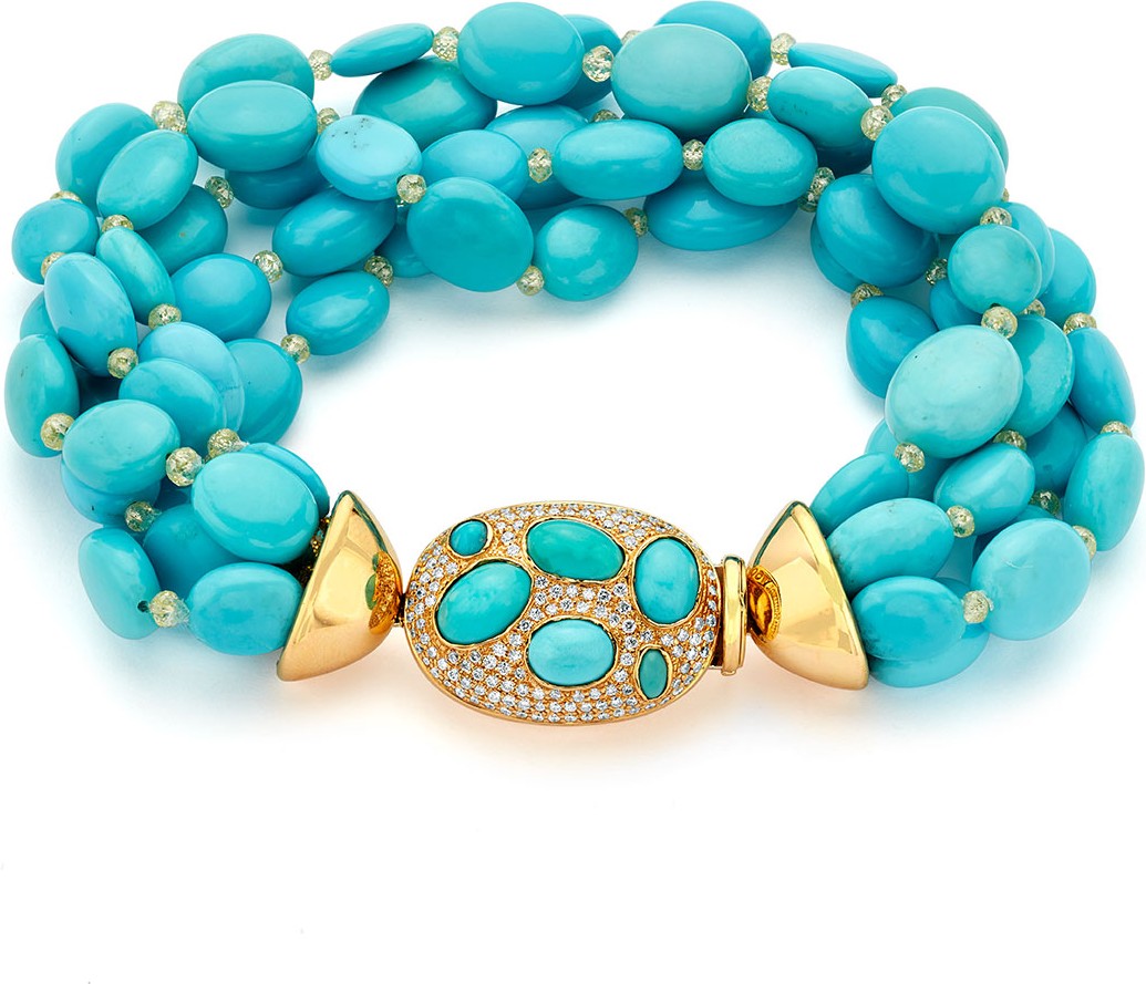 Pamela Huizenga Multi-Strand 18k Gold Turquoise & Diamond Bracelet