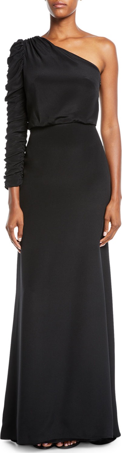 Monique Lhuillier Ruched Long-Sleeve A-Line Crepe Evening Gown