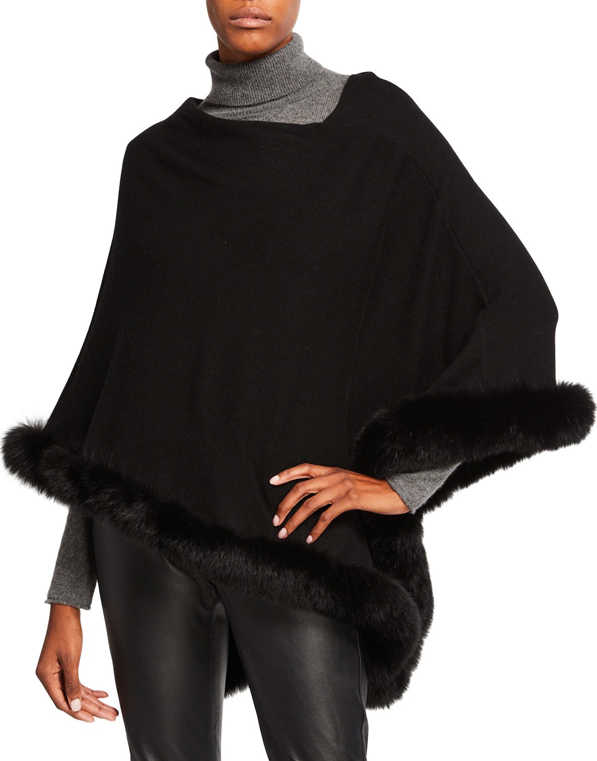 Sofia Cashmere Off-the-Shoulder Cashmere Poncho with Fur Trim