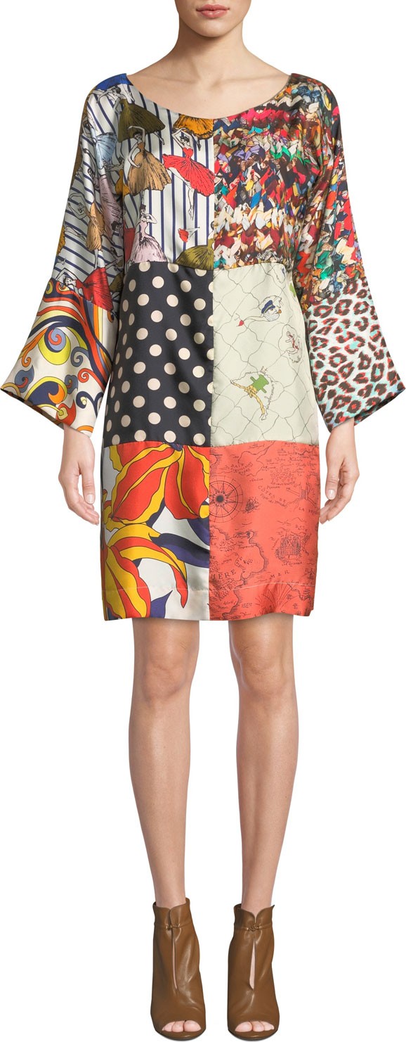 La Prestic Ouiston Mila Long-Sleeve Patch Printed Silk Dress