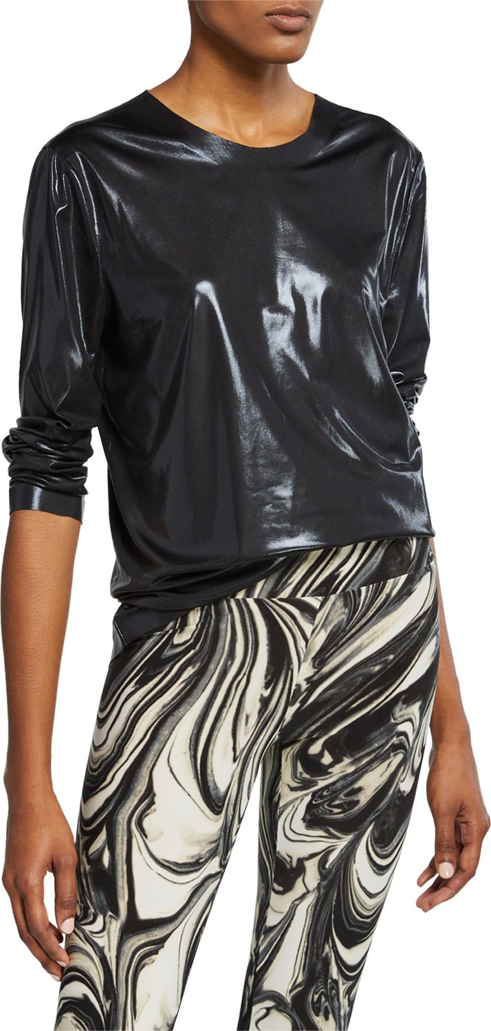 Norma Kamali Long-Sleeve Metallic Crewneck Top