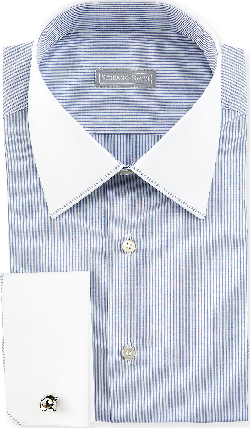 Stefano Ricci Contrast Collar/Cuff Thin-Striped Dress Shirt, White/Blue