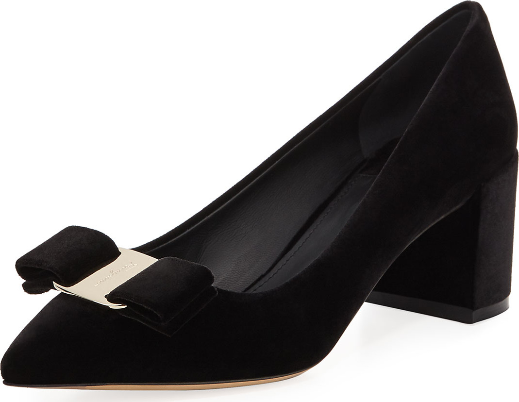 Salvatore Ferragamo Velvet Block-Heel Bow Pointed-Toe Pump