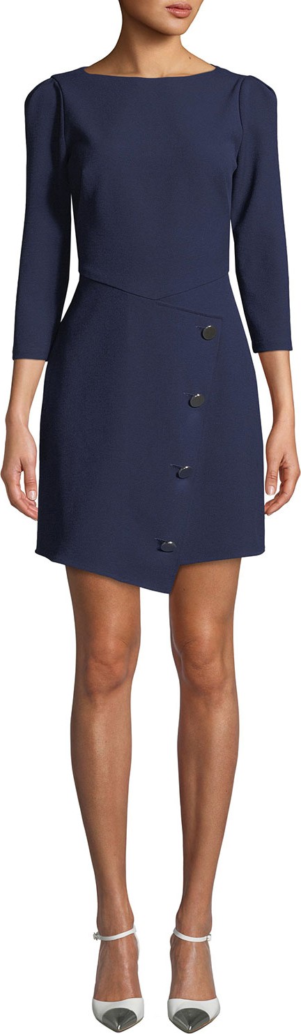 Shoshanna Upton Boat-Neck 3/4-Sleeve Asymmetric Dress w/ Button Skirt