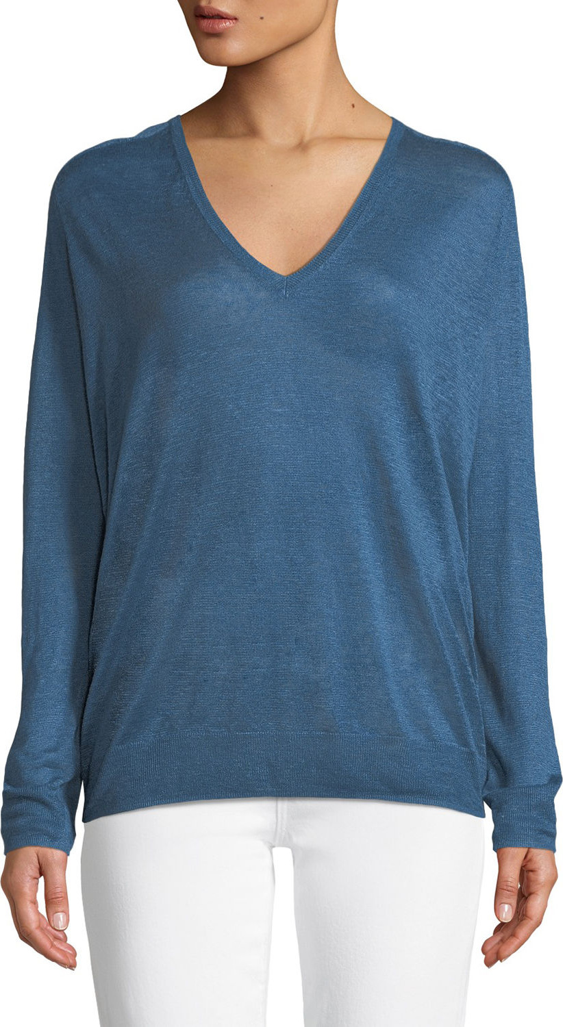 Theory Adrianna Sag Harbour V-Neck Long-Sleeve Linen-Blend Top