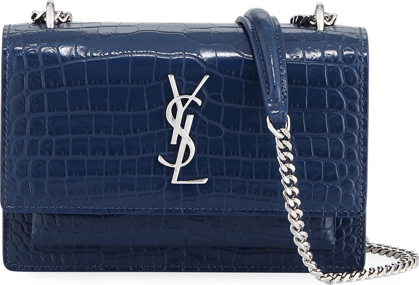 Saint Laurent Sunset Monogram Small Crocodile Embossed Wallet on Chain