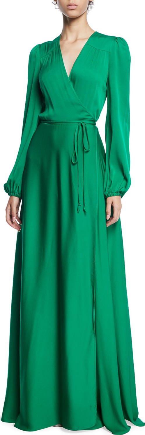 MILLY Gina Long-Sleeve Stretch Silk Wrap Gown